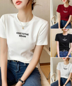 [ODE] 2025 Sommer Neues Kurzarm-T-Shirt Damen mit Letterprint Crew Neck Vielseitiger Schlanker Slim Slim Fit Kurzarmshirt Stylish Top