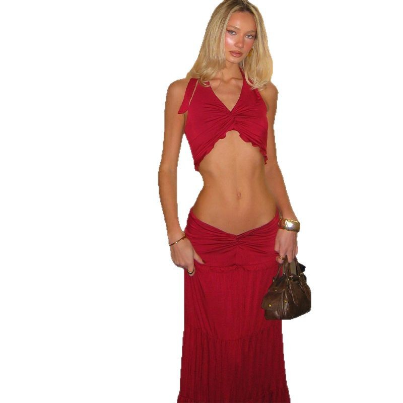 Europäisches und amerikanisches Frühling/Sommer 2025 neues, sexy Crop-Cut-Neckholder-Top mit plissiertem Neckholder-Stil, modisches und elegantes Rockset für Frauen - Image 5