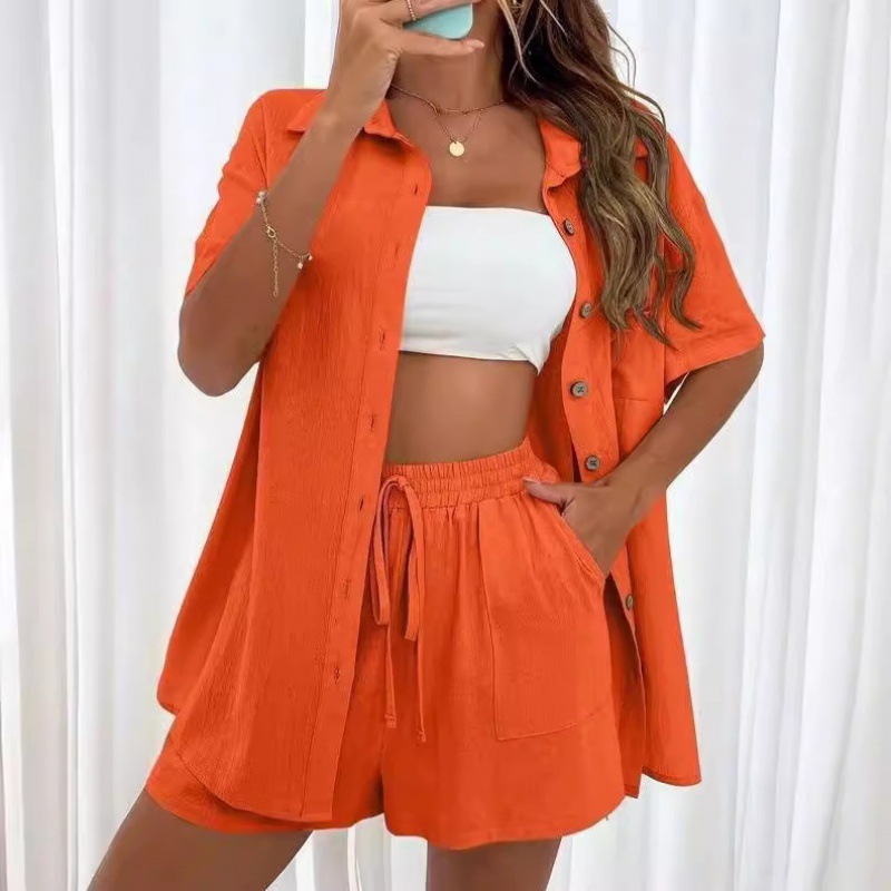 2026 Grenzüberschreitende AliExpress Fashion Shorts 2026 Zweiteiliges Einfarbiges Hemdset Damen Freizeit locker kurzärme