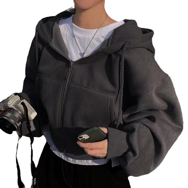 2023 Herbst/Winter Neues Produkt aus Fleece – vielseitiger, kurzer, schmaler Reißverschluss, warmer, einfarbiger Kapuzenpullover für Frauen - Image 5
