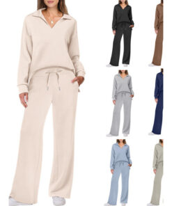 Amazon Europäischer und amerikanischer Frühling & Herbst Neue Mode Freizeit Damen mit Langarm, Kordelzug Einfarbiges Pendler-Langhosen-Set