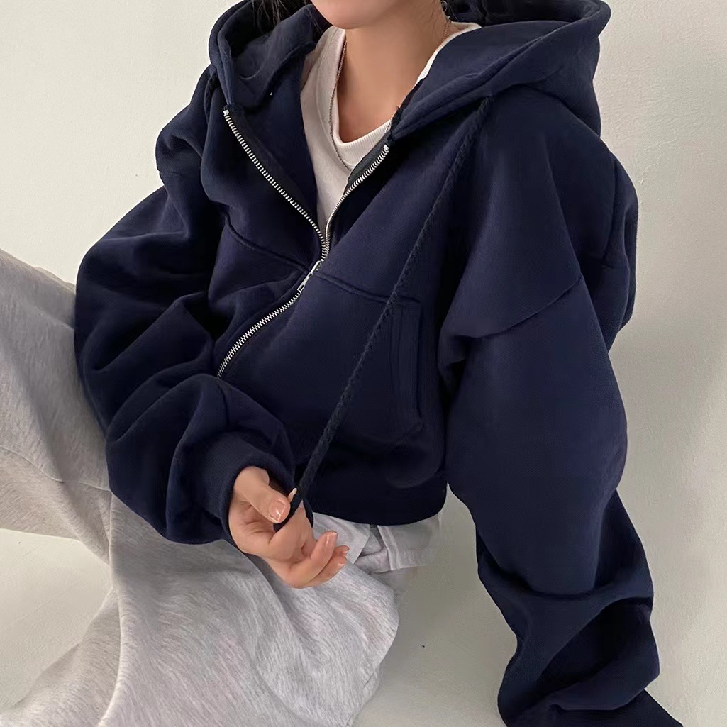 2023 Herbst/Winter Neues Produkt aus Fleece – vielseitiger, kurzer, schmaler Reißverschluss, warmer, einfarbiger Kapuzenpullover für Frauen - Image 4