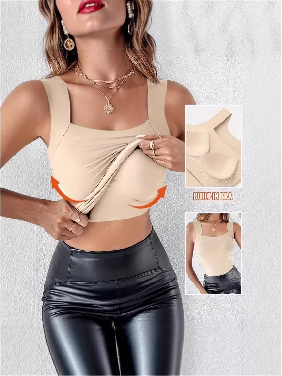 2026 grenzüberschreitende Amazon Damenmode Einfarbige mit Brustpolster, Oberbekleidung, Basisschicht, U-Neck Tanktop zu
