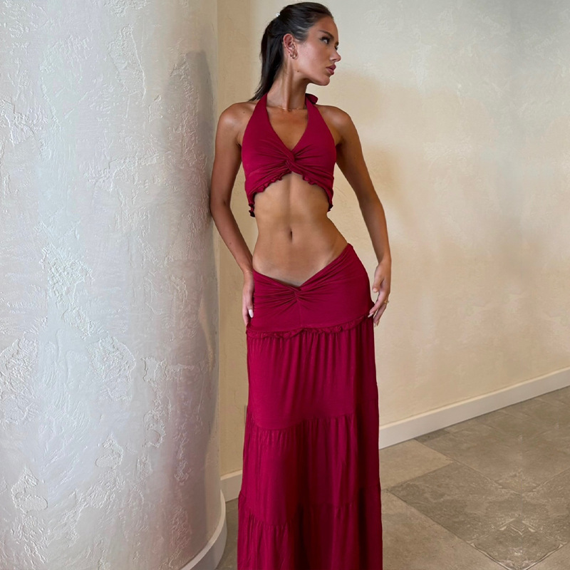Europäisches und amerikanisches Frühling/Sommer 2025 neues, sexy Crop-Cut-Neckholder-Top mit plissiertem Neckholder-Stil, modisches und elegantes Rockset für Frauen - Image 4