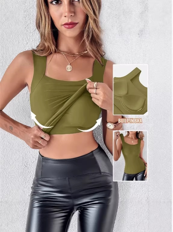 2026 grenzüberschreitende Amazon Damenmode Einfarbige mit Brustpolster, Oberbekleidung, Basisschicht, U-Neck Tanktop zu