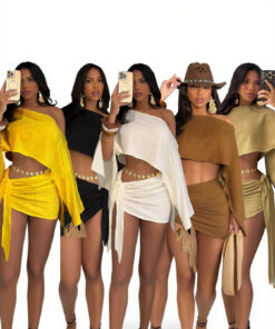 A740 Modisches, elegantes und sexy Strandresort-Set atmungsaktives diagonales oberflächliches Oberteil mit Trägerträgern Bodycon Kurzrock Set
