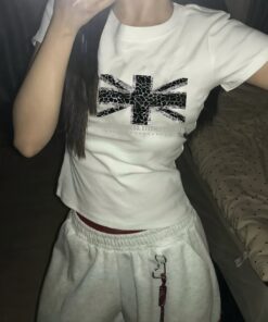 Leopard Print Letter and National Flag Print Pattern Regular Fit Slim-fit Short Sleeve Shirt Summer Casual Y2K Style Top