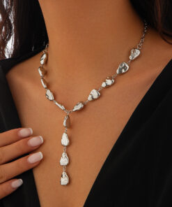 Alternative view of Irregular Baroque Y-shaped collarbone chain, cool style, flat water droplet pendant necklace for women