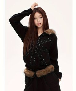 Autumn and Winter New American Retro Rice Letter Rivet Collar Thick Warm Hoodie Women's Loose Casual Cardigan Jacket Trendy