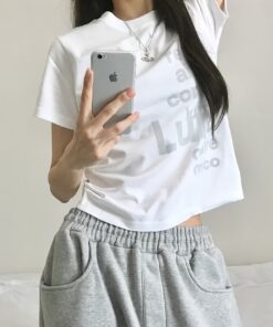 Walk a Certain Direction Japanese And Korean Retro Letter Pattern Print Y2K Style Unisex Short-Sleeved T-Shirt Top