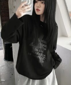 Spring Summer Casual Versatile Slogan Print Mid-Length Round Neck Long Sleeve T-Shirt Women'S Loose Top BAO