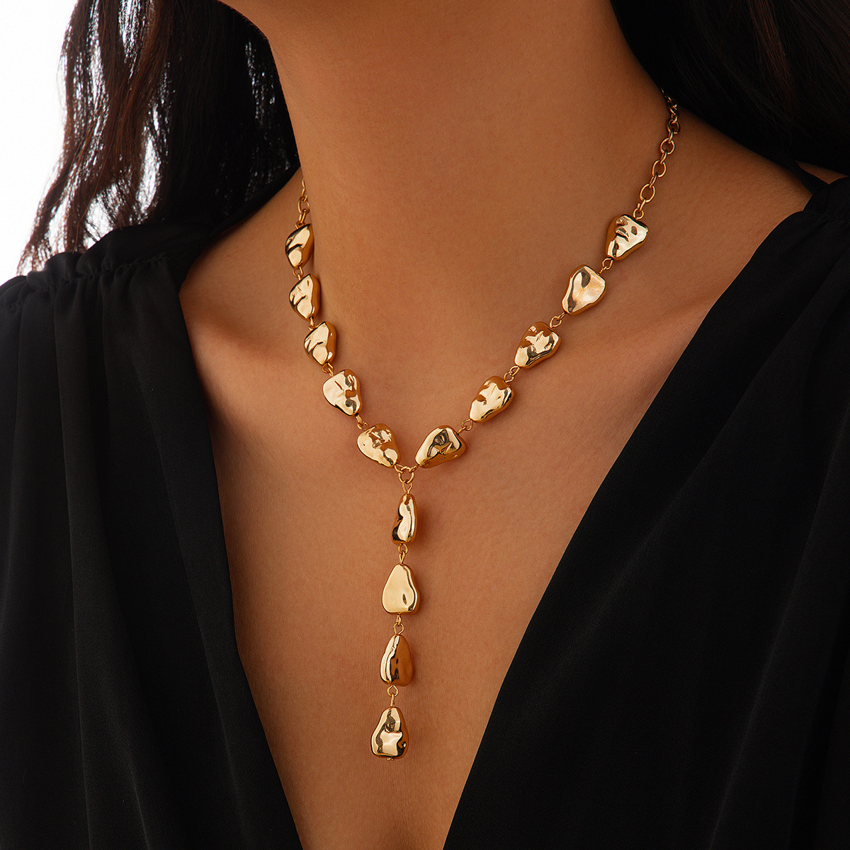 Irregular Baroque Y-shaped collarbone chain, cool style, flat water droplet pendant necklace for women - Image 6