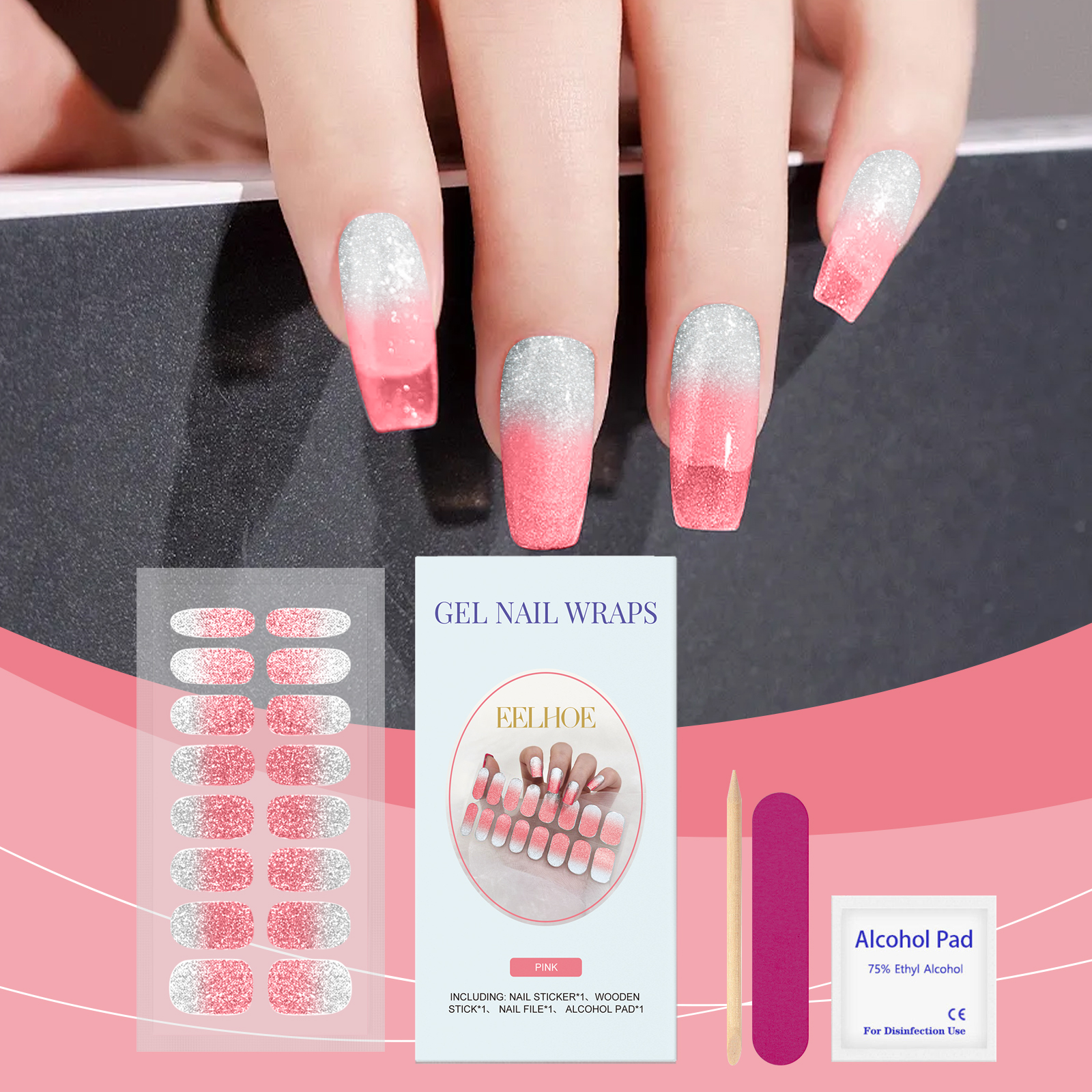 EELHOE Soft Gel Nail Sticker Set (Shiny Pink) Semi-Baked Nail Paper, Fresh And Shiny Minimalist Style Soft Nail Stickers - Image 2