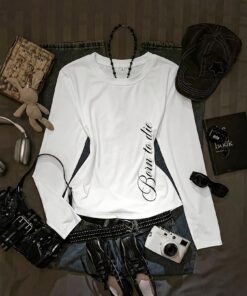 Dark Gothic Cursive English Letter Pattern Print, Y2K Millennial Hot Women'S Spring Fall Round Neck Long Sleeve T-Shirt, Loose Casual Athletic Base Layer Top, Daily Commute Street Outing Music Festival Outfit, Flat Wrinkle Solely for Display