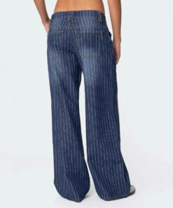 Alternative view of Y2K Style Solid Color High-Waisted Straight Leg Jeans for Women, Casual Office Wear, Striped Denim Pants