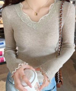 Alternative view of Schwarzes Basishemd mit Spitzenbesatz für Damen, neue hochwertige Pullover-Innenlage, schmales V-Ausschnitt-Strickoberteil, ganz grau