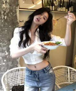 Alternative view of Koreanischer Stil heißes Mädchen Polokragen, weißes Hemd im frühen Frühjahr, trendiges, sexy, taillenenanliegendes, schlanker, kurzes Top