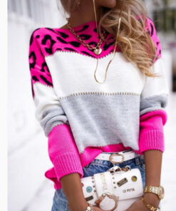 Alternative view of Leopardenmuster-Pullover mit Crew-Neck-Casual, Herbst/Winter neues Damen-Strickhemd mit Quergrenze, langärmeliges Pullover-Basishemd