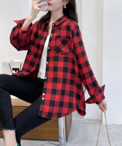 Alternative view of Kariertes Hemd für Damen, langärmelige koreanische Baumwoll-Kleidung im mittellangen Bürstentop für Frühling und Herbst, Vintage-Jacke, Plus-Size-Oberteil