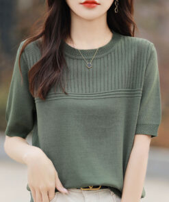 2025 Sommer Neues Kurzärmel-Strick-T-Shirt mit gebogenen Perlen aus Eisseide für Damen, Damen-Rundhals-Export im koreanischen Stil im Großhandel