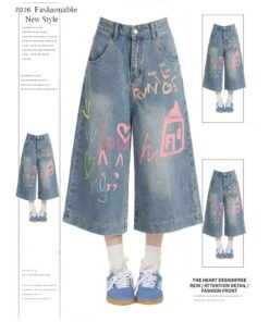 Dopamine Outfit Graffiti Denim Schnitthosen für Damen, sommerliche weite Mid-Length-Hosen, locker gerade, Street Casual Shorts