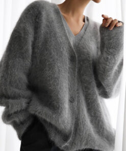 Alternative view of Europischer und amerikanischer grenzüberschreitender Nerzsamt-V-Ausschnitt-Strickpullover für Frauen, 2026 Herbst/Winter neuer lockerer einfarbiger Export-Cardigan für Frauen
