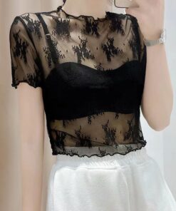 Alternative view of 2026 Neues Shirt mit Rüschenrand und Spitzenbasis für Damen, kurzärmeliges transparentes dünnes Netzoberteil, eleganter Look