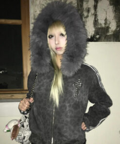 Alternative view of Herbst/Winter Damen Neues Leopardenmuster Kreuzpelzkragen Retro-Mode Mode Kapuzenpullover Y2K-Stil
