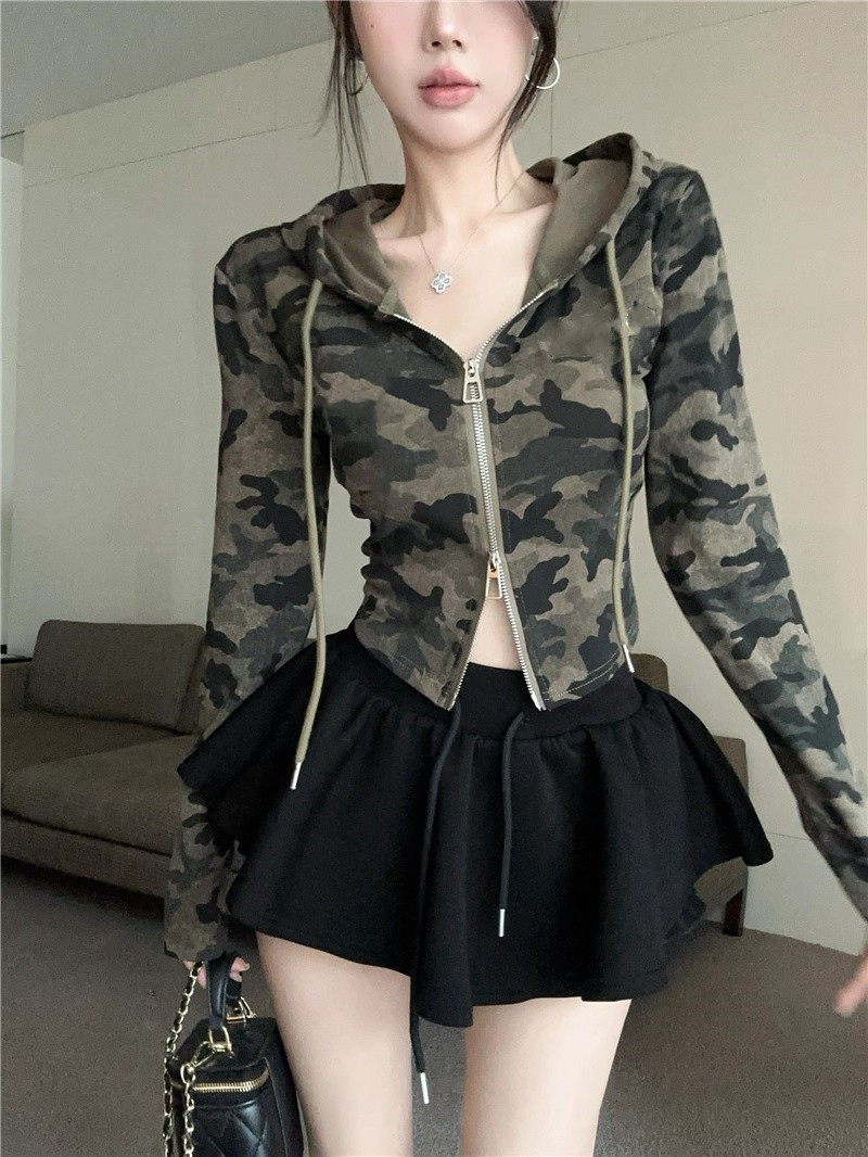 Reines und verführerisches heißes Mädchen, Tarnjacke mit Kapuzenjacke, T-Shirt, Damen-V-Ausschnitt mit Reißverschluss, enger langärmliger Cardigan, Crop-Top - Image 2