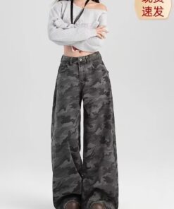 Plus-Size-Vintage-Highstreet-Workwear mit breiten Tarnbekleidung für Damen, 2025 hochgetaillierte, locker, schlankernde, gerade beine, lässige Hosen 2025