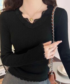 Schwarzes Basishemd mit Spitzenbesatz für Damen, neue hochwertige Pullover-Innenlage, schmales V-Ausschnitt-Strickoberteil, ganz grau