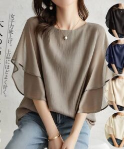 5 Farben auf Lager: Japan Rakuten 2025 Sommer neues kurzärmeliges Batshirt, lockeres Crew-Neck-Casual vielseitiges Chiffon-Shirt