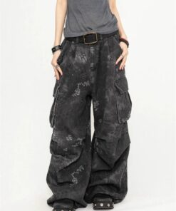 American Wasteland Camouflage Snake Print Work Jeans für Frauen, Street Hip-Hop Mehrfach-Weite Arbeitshosen mit weiten Beinen