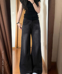 Schwarze und graue weite Jeans für Frauen, neue, hoch taillierte lockere Plus-Size-Plus-Size-Schmeichefrauen im Frühling, schlankernde, birnenförmige gerade Hosen