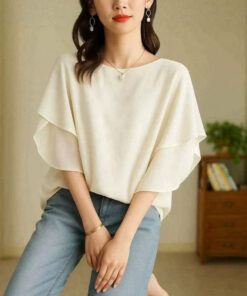 5 Farben auf Lager: Japan Rakuten 2025 Sommer Neues Kurzärmel-Batshirt, Crew-Neck lockeres legeres vielseitiges Chiffon-Shirt
