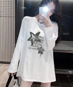 Alternative view of Spring Summer Casual Versatile Slogan Print Mid-Length Round Neck Long Sleeve T-Shirt Women'S Loose Top BAO