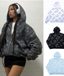 Stars Printed Zipper Hooded Cardigan Couple Fashion Outerwear Hoodies Sweatshirt Street Men Women Coat