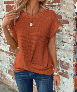 Short-sleeved Waffle T-shirt Summer New Solid Color Crew Neck Top For Womens Clothing