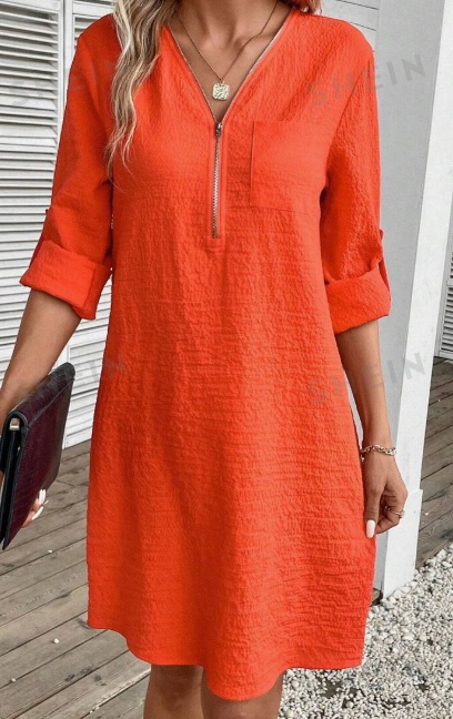 Textured Zipper Half-Buttoned Dress With Patch Pockets - Image 2