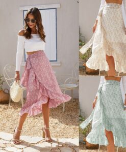 Woman Skirts High Waist Fashion Long Black Knotted Tied Wrap Floral Ruffle Chiffon A-Line Split Skirt Spring Summer Clothes