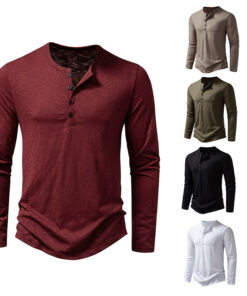 Men's Long-sleeved T-shirt Fashion Casual Solid Color Pullover Button Top Autumn And Spring Clothing