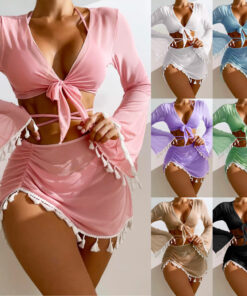 4pcs Solid Color Bikini With Short Skirt And Long Sleeve Cover-up Fashion Bow Tie Fringed Swimsuit Set Summer Beach Womens Clothing