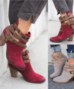 High-heeled Martin boots rivet belt buckle thick with round head boots