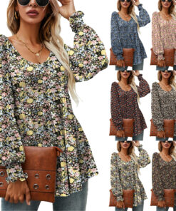 Long Puff Sleeve Tops Women Flowers Print Casual V-Neck Blouse T-Shirts Babydoll Tops