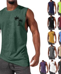Coconut Tree Embroidery Vest Summer Beach Tank Tops Workout Muscle Men Sports Fitness T-shirt