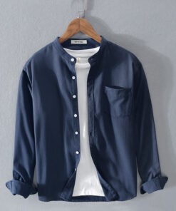 Fashion Stand-Up Collar Solid Color Simple Youth Long-Sleeved Cotton Shirt