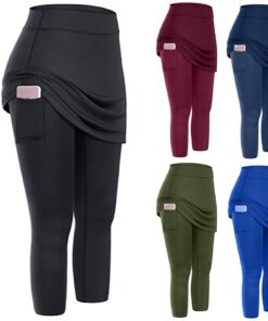 Women Tennis Skirted Leggings Pockets Elastic Sports Yoga Capris Skirts Legging