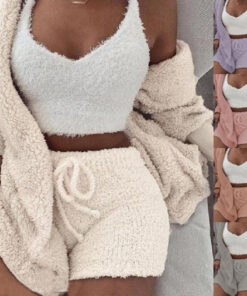 3pcs Womens Clothing Long Sleeve Crop Tank Top And Drawstring Shorts Pajama Set