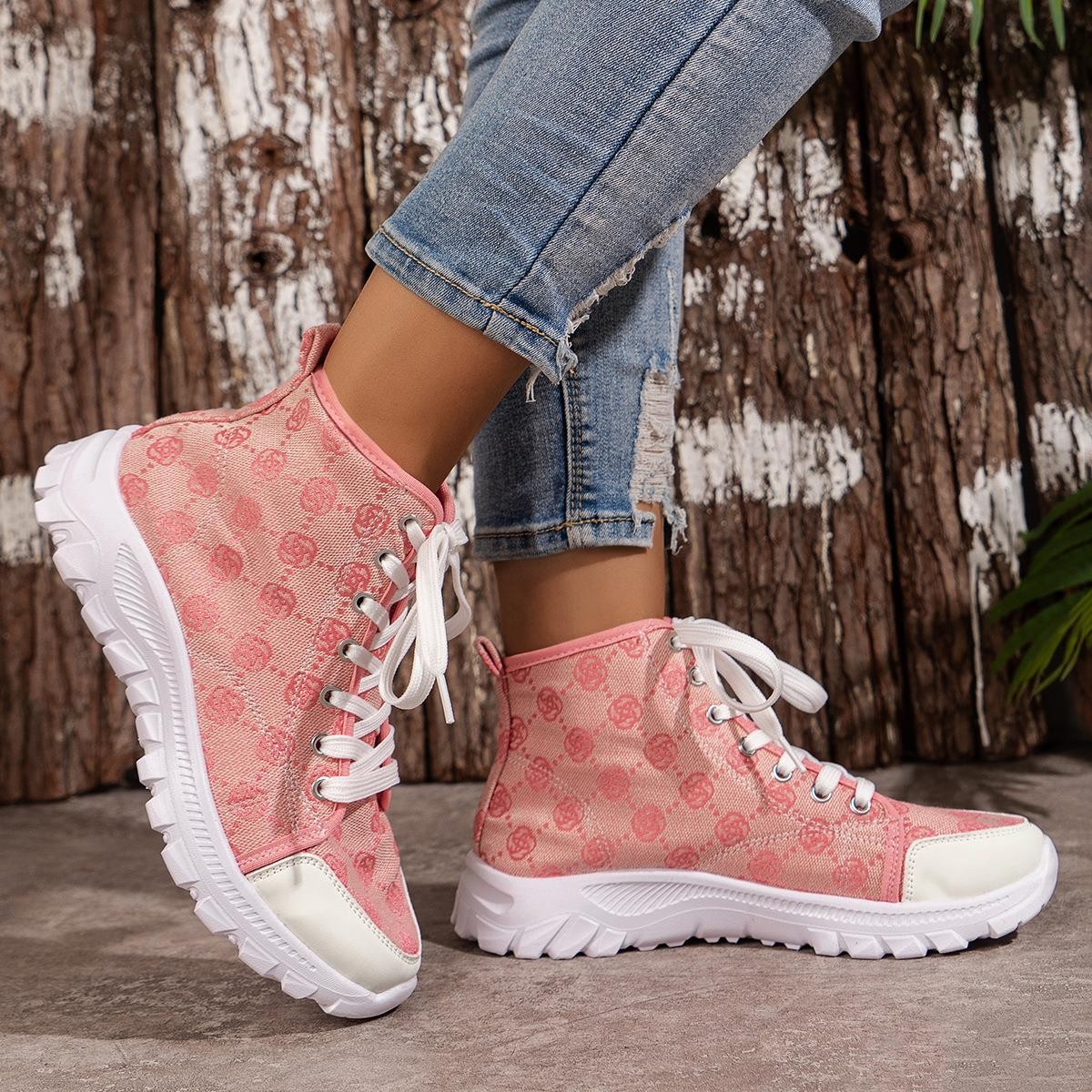 Rose-printed Lace-up Boots Fashion Breathable Canvas Shoes Sports Casual Non-slip Thick-soled Short Boot For Women - Image 4