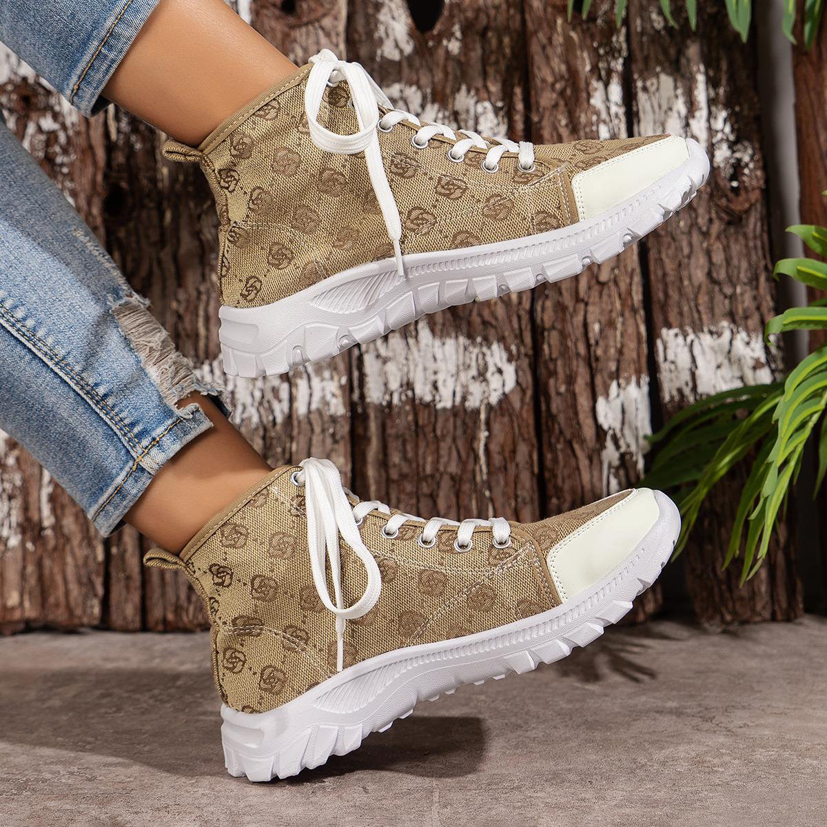Rose-printed Lace-up Boots Fashion Breathable Canvas Shoes Sports Casual Non-slip Thick-soled Short Boot For Women - Image 5